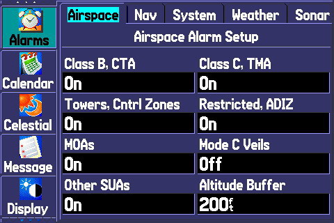 (Image: Alarms Menu Page, Airspace Tab)