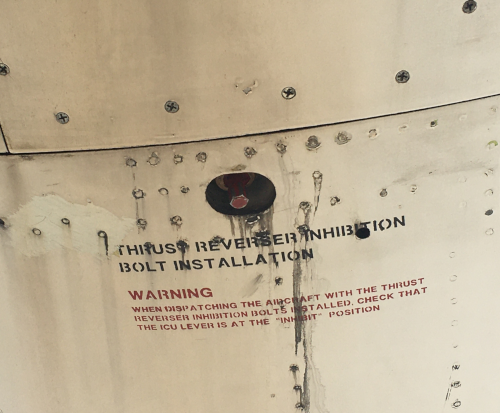 (Image: The thrust reverser is mechanically disabled with a bolt)