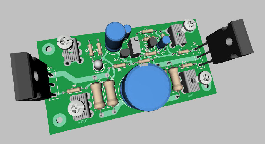 (Image: Diptrace rendering of completed Amp Camp Amp PCB)