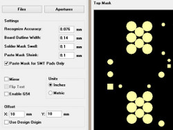 (Image: Diptrace screenshot of PCB editor Gerber viewer showing Top layer soldermask)