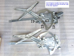 (Image: Old vs. new window regulator showing parts to transfer between them)
