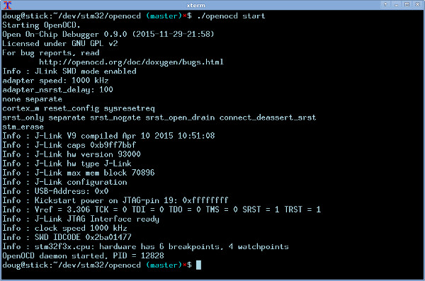(Image: Screenshot of xterm with openocd daemon launch output)