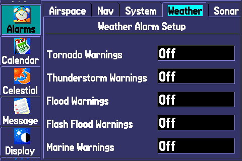 (Image: Alarms Menu Page, Weather Tab)