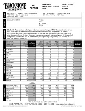 (Image: Blackstone Labs oil analysis report, August 28, 2008)