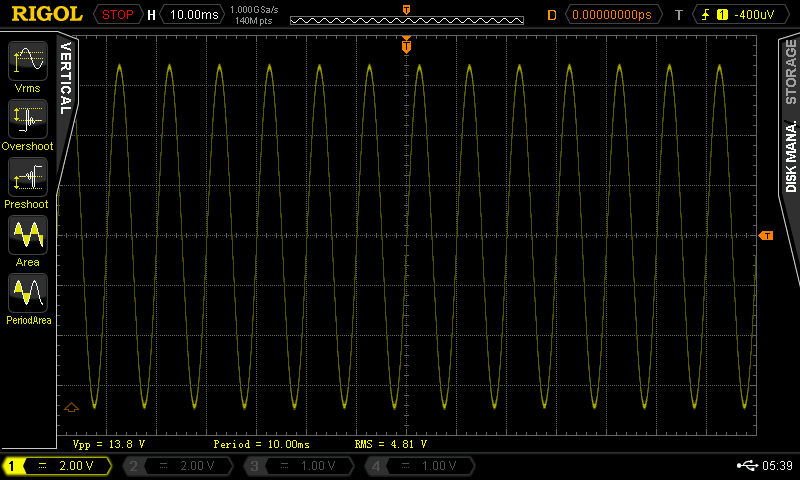 (Image: Oscilloscope screenshot of maximum voltage output from DEH-80PRS)