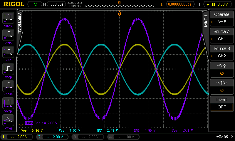 (Image: Oscilloscope screenshot of differential signal output from MiniDSP)