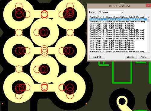 (Image: Screen capture of Diptrace PCB editor DRC errors with negative numbers)