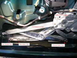 (Image: Closeup of window regulator pivot bar and nearby components)