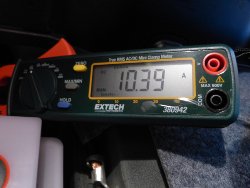 (Image: Clamp meter showing 10 amp charging rate)