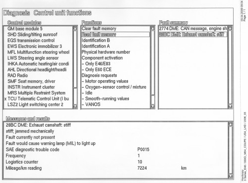 (Image: E46 Exhaust Camshaft Stiff Fault - SAE fault number P0015)