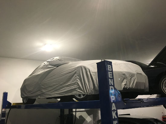 (Image: The E46 now sleeps on a four post lift)