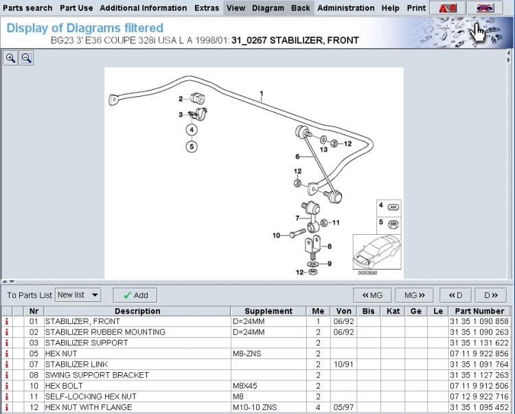 (Image: 2006 BMW ETK E36 Front Swaybar Parts Screenshot)