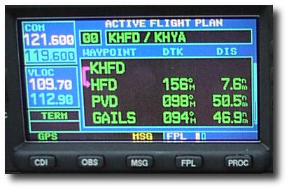 (Image: GNS430 Screenshot, Flight plan HFD-HYA)