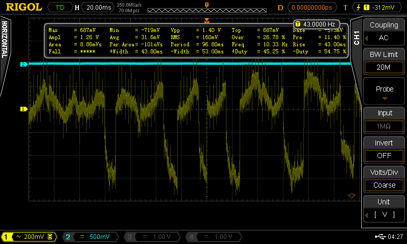 (Image: Oscilloscope screenshot showing failed alternator output)