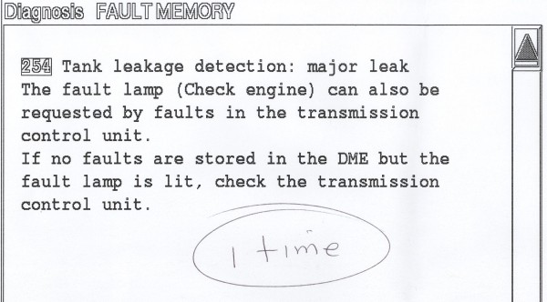 (Image: Scan of GT1 fuel tank leak fault code page)