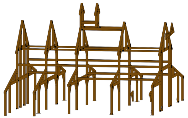 (Image: 3D model of post and beam frame as of December 2025